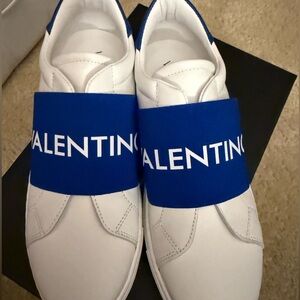 Valentino White Leather Sneakers with Blue Logo Band